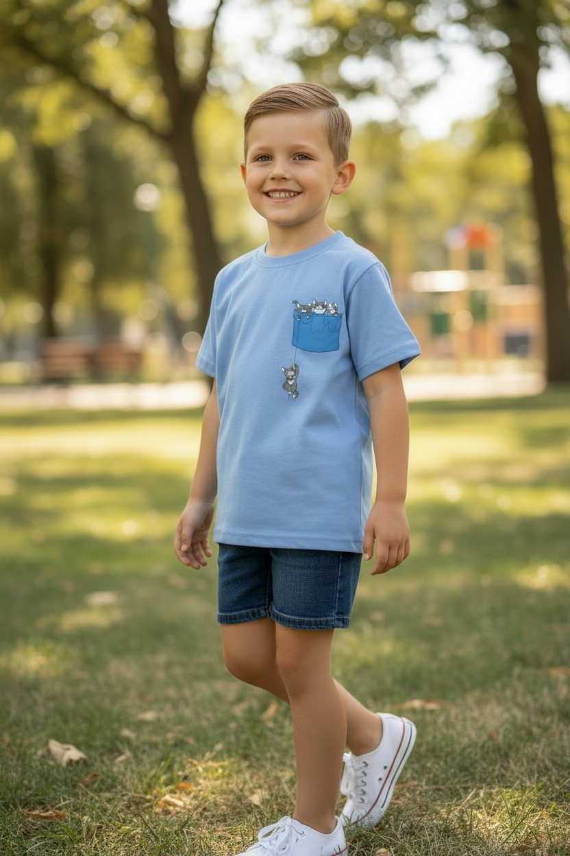 Blue Pocket Printed T-Shirt front view