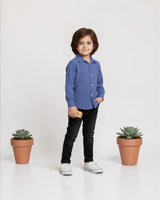 Tiny Threads blue textured long-sleeve button-down shirt for boys. Classic collar, white buttons.