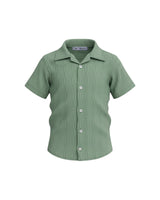 Tiny Threads boys' green short-sleeve button-down shirt with textured vertical stripes, collared neckline.