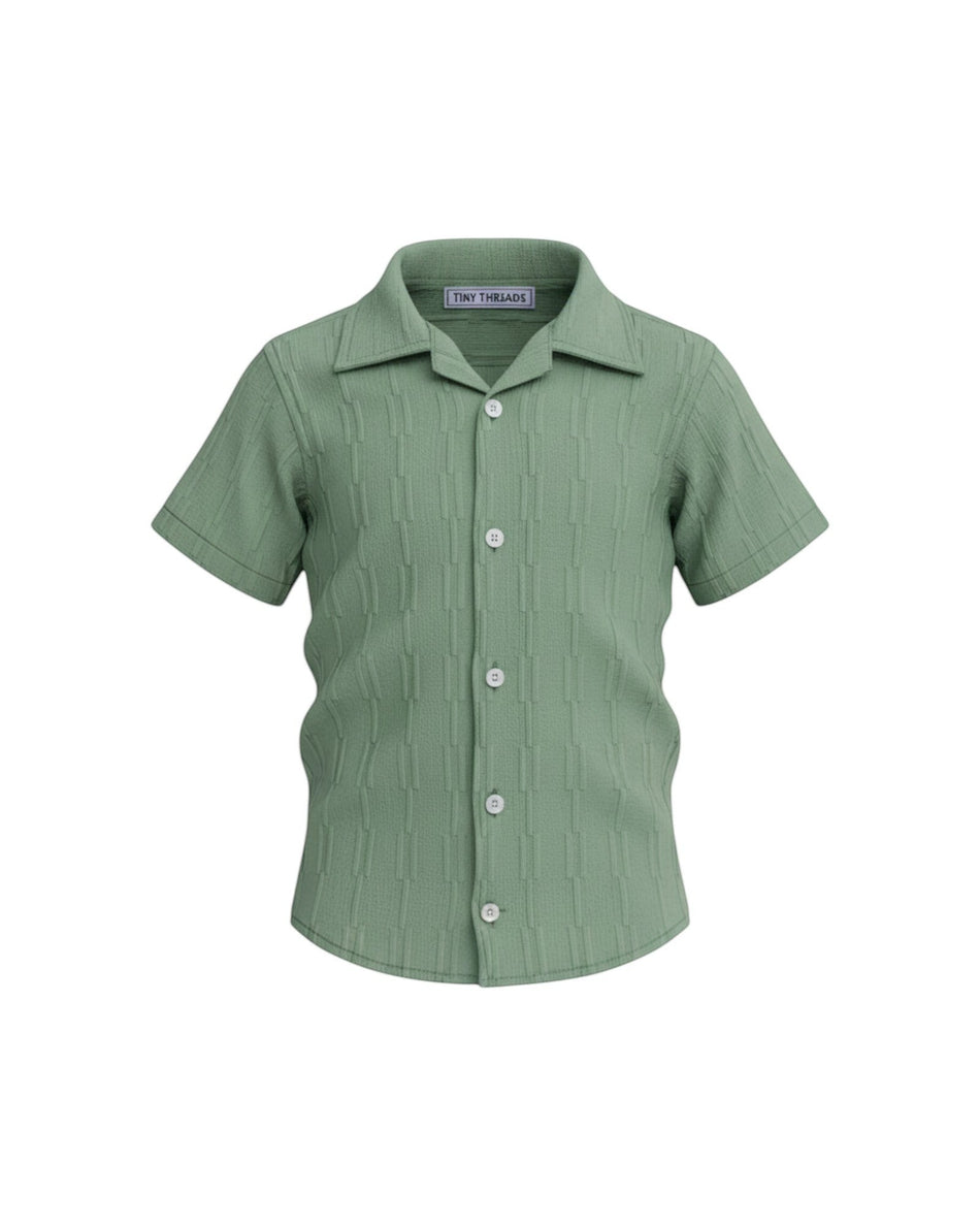 Tiny Threads boys' green short-sleeve button-down shirt with textured vertical stripes, collared neckline.