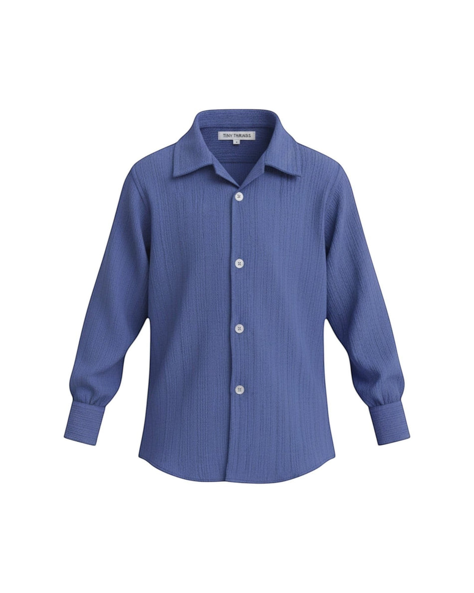 Tiny Threads blue textured long-sleeve button-down shirt for boys, perfect for casual wear.